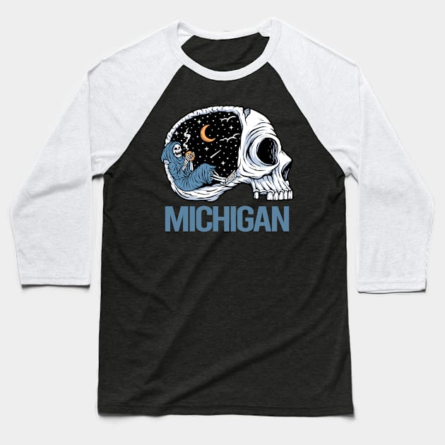 Chilling Skeleton Michigan Baseball T-Shirt by flaskoverhand